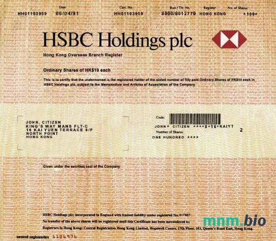 HONG KONG HSBC HOLDINGS REFERANCE